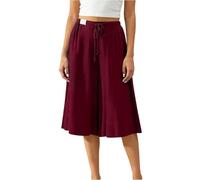 MorFansi Pantalones de lino 3/4 para mujer, pierna ancha, pantalones capri, pantalones de verano Palazzo, elegantes, informales, ligeros, con bolsillos, borgoña, XL