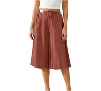 MorFansi Pantalones de lino 3/4 para mujer, pierna ancha, pantalones capri, pantalones de verano Palazzo, elegantes, informales, ligeros, con bolsillos, rojo ladrillo, XL