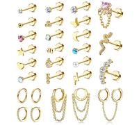 Morfetto 28 Uds Pendientes de Botón de Cartílago Pendientes de Botón de Espalda Plana de Tragus de Acero Inoxidable Juego de Pendientes de Aro Huggie de Cadena Colgante para Piercing Múltiple Oro