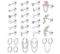 Morfetto 28 Uds Pendientes de Botón de Cartílago Pendientes de Botón de Espalda Plana de Tragus de Acero Inoxidable Juego de Pendientes de Aro Huggie de Cadena Colgante para Piercing Múltiple Plata