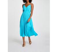 Morgan Vestido midi recto plisado. Azul claro 36