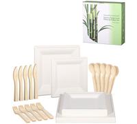MORGIANA 125 Piezas Platos Cuadrados Desechables Dos Tamaños Vajilla de Fiesta Extrafuertes Biodegradable Platos de Caña de Azúcar cubiertos desechables Cuchara tenedor cuchillo Para 25 Personas