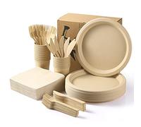 MORGIANA 200 Piezas Vajilla Desechable Para 25 Personas,Bambú Platos Desechable Biodegradable Viene con Cuchillo, Tenedor, Taza, Servilletas,Para Cumpleaños Fiesta Camping (Marrón)