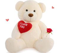 MorisMos 90cm Oso Peluche Gigante con Corazón Rojo I Love You, XL Kawaii Osito de Peluche Beige Grande Suave, Regalo San Valentín para Novia Mujer Niñas Esposa Niños Cumpleaños