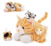 MorisMos Gato Peluches Gigante XXL, 40cm Amarillo Gato Mamá con 3 Kawaii Gatitos Realistas Animales de Peluche Grandes Regalos para Niñas, Niños, Cumpleaños Navidad Decoració