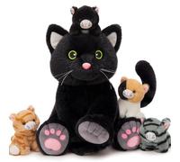 MorisMos Negro Gato Peluches Grande, 40cm Mamá con 4 Kawaii Gatitos Bebés, Realistas Suave Juguete de Peluche Gigante Regalos para Niñas, Niños, Cumpleaños Navidad Deco