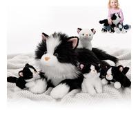 MorisMos - Oso de peluche de gato con gatitos bebés dentro, juguete de peluche de gatito suave y realista, regalos kawaii para la decoración de la fiesta de cumpleaños de niños y niñas (blanco y negro