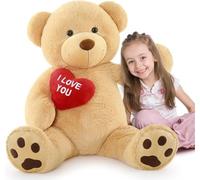MorisMos Oso Peluche Gigante con Corazón Rojo I Love You, 90cm XL Osito de Peluche Grande Suave Kawaii, Regalo San Valentin para Niños Novia Mujer Niñas Cumpleaños (Marrón Claro)