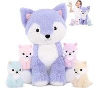 MorisMos Peluche de zorro gigante, 48 cm, color morado con 4 bebés en el interior, peluche grande de zorro Kawaii, regalo de cumpleaños para niños, decoración de cumpleaños