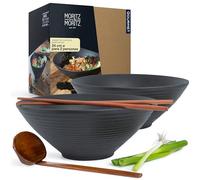 Moritz & Moritz 2 x Cuenco Ramen Japones - 24 cm Ø - Juego Vajilla Japonesa de Cerámica y Madera de Sándalo Para Sopa, Pho y Poke Bowl