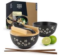 Moritz & Moritz 2u. Cuenco para ramen de cerámica - 600 ml - 15 cm Ø - Juego de cuencos negros para ramen para 2 personas - Para sopa, pho y cuenco de sushi - Incluye palillos y cucharas
