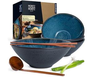 Moritz & Moritz 4 tazones ramen cerámica - 24 cm Ø - juego de cuenco ramen azul para 4 personas - para sopa, Pho y sushi - incl. palillos y cucharas