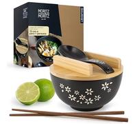 Moritz & Moritz Cerámica Ramen de flores negras con tapa y cuchara para sopa, pho y sushi - Incluye palillos, tapa y cuchara