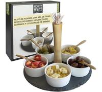 Moritz & Moritz Juego de 11 Piezas para Servir Sesame - Bandeja de Pizarra con Mango Cuencos de Ceramica Cucharas de Bambu - Ideal para Entrantes y Snacks