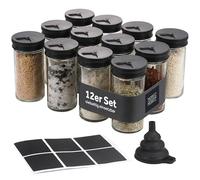 Moritz & Moritz Juego de 12 tarros de especias de 80 ml - Tarros de especias de cristal con tapas negras y pegatinas - herméticos, reutilizables y fáciles de limpiar - para armario y cajón