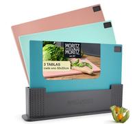 Moritz & Moritz Juego de 3 tablas para corte de plástico - 32 x 22 cm - En un práctico soporte - Colorido Tabla de cotar cocina grande - Higiénica y apta para el lavavajillas - Tablas cortar