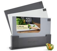 Moritz & Moritz Juego de 3 tablas para corte de plástico - 32 x 22 cm - En un práctico soporte - Gris y Negro Tabla de cotar cocina grande - Higiénica y apta para el lavavajillas - Tablas cortar