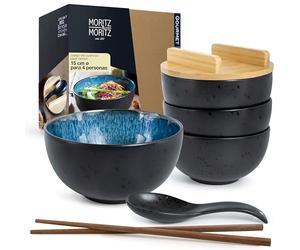 Moritz & Moritz Juego de 4 cuencos de Cerámica Ramen azul reactivo con tapa y cuchara, color negro, para 4 personas, para sopa, pho y sushi Bowl