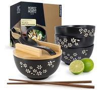 Moritz & Moritz - Juego de 4 cuencos para ramen (cerámica, 600 ml, diámetro: 15 cm, color negro, para 4 personas, para sopa, Pho y Sushi Bowl, con palillos, tapa y cuchara