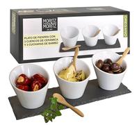 Moritz & Moritz Juego de Servir Oregano de 7 Piezas - Cuencos de Ceramica Bandeja de Pizarra Cucharas de Bambu - para Salsas Snacks Entrantes Postres