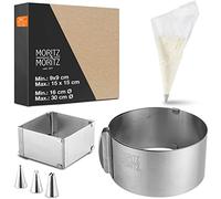 Moritz & Moritz Molde ajustable tarta acero inoxidable - Regulación sin escalonamiento - Aro ajustable reposteria molde ajustable tarta para hornear y decorar - Con 10 mangas pasteleras y 3 boquillas