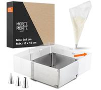 Moritz & Moritz Molde rectangular ajustable de acero inoxidable - Regulación sin escalonamiento 9cm-15cm - Molde ajustable tarta para hornear y decorar - Con 10 mangas pasteleras y 3 boquillas