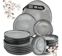 Moritz & Moritz Vajilla de 18 piezas para 6 personas, color gris, elegante juego de platos de gres de alta calidad, vajilla para 6 personas, 6 platos de cena, 6 platos de postre, 6 platos hondos