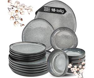 Moritz & Moritz Vajilla de 18 piezas para 6 personas, color gris, elegante juego de platos de gres de alta calidad, vajilla para 6 personas, 6 platos de cena, 6 platos de postre, 6 platos hondos