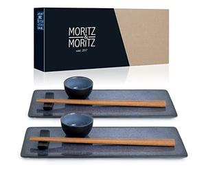 Moritz & Moritz Vajilla Sushi - Platos Sushi Ceramica - Plates Set 10 Piezas para 2 Personas - Plato Sushi con Palillos Soporte de Palillos Cuencos para Wasabi