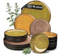 Moritz & Moritz VIDA vajillas completas 6 personas - platos vajilla en tonos vintage de amarillo, verde y rojo - 6 platos llanos, 6 platos hondos, 6 platos de desayuno - 18 piezas