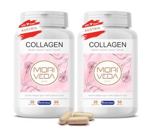 MoriVeda BioCell Collagen cápsulas, 2 x 60 unidades, colágeno tipo II con ácido hialurónico y condroitina, para piel, articulaciones y tejido conectivo, con certificación ISO, sin gluten y sin lactosa