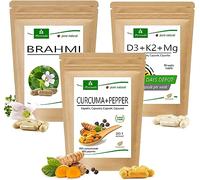 MoriVeda® Paquete de productos "Brain Power" | Cápsulas de Brahmi, Cápsulas de Curcuma + Pimienta, Cápsulas de Vitamina D3 + K2 + Mg | bacósidos, antioxidantes, vitaminas, minerales