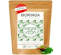 MoriVeda Polvo de moringa, polvo microfino de hojas de Oleifera con vitaminas, proteínas, aminoácidos y micronutrientes, elaborado según una receta ayurvédica, vegano y sin gluten, 500 g