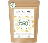 MoriVeda Vitamina D3 + K2 MK7 vegana con 7000 UI de D3 y 200 µg de K2 90 cápsulas depósito semanal de alta dosis con magnesio fabricado en Alemania fórmula vegetal