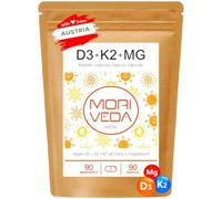MoriVeda Vitamina D3 + K2 MK7 vegana con 7000 UI de D3 y 200 µg de K2, depósito semanal de alta dosis con magnesio, fabricado en Alemania, fórmula vegetal, 90 cápsulas