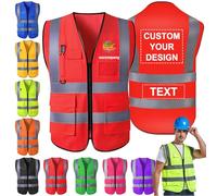 Morlavid Chaleco Reflectante Personalizado con Bolsillos Logo Chaleco Vigilante de Seguridad Personalizados Chaleco Trabajo Hombre,Rojo