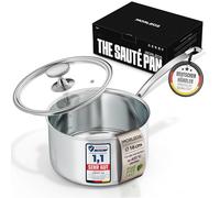 MORLEOS Cacerola de acero inoxidable - 1,7 litros, diámetro 16 x 10 cm, 1,3 kg - con tapa de cristal plana moderna - olla pequeña de ahorro de energía de 5 capas - Inducción