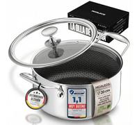 MORLEOS Olla de cerámica antiadherente resistente a los arañazos, 3 litros, diámetro 20 x 10 cm, 1,6 kg, tapa de cristal plana moderna, ahorro de energía, 5 capas, apta para inducción