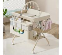 Morlinca Mueble Cambiador Bebe Plegable con Ruedas,Compartimentos de Almacenamiento y Correa de Seguridad,Altura Ajustable,Móvil Cómoda Cambiador Bebe para Cambiar Pañales y Ropa,Beige