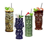 Morlinca Tazas Tiki - Juego de Tazas Tiki de 4 - Copas Tiki de cerámica Copas de cóctel Tiki Bar Decor Tiki Cocktail Party - Fiestas temáticas Tiki - Fiestas de Halloween - Fiesta Hawaiana,A7