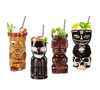 Morlinca Tazas Tiki - Juego de Tazas Tiki de 4 - Copas Tiki de cerámica Copas de cóctel Tiki Bar Decor Tiki Cocktail Party - Fiestas temáticas Tiki - Fiestas de Halloween - Fiesta Hawaiana,A1