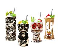 Morlinca Tazas Tiki - Juego de Tazas Tiki de 4 - Copas Tiki de cerámica Copas de cóctel Tiki Bar Decor Tiki Cocktail Party - Fiestas temáticas Tiki - Fiestas de Halloween - Fiesta Hawaiana,A14