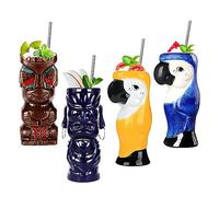 Morlinca Tazas Tiki - Juego de Tazas Tiki de 4 - Copas Tiki de cerámica Copas de cóctel Tiki Bar Decor Tiki Cocktail Party - Fiestas temáticas Tiki - Fiestas de Halloween - Fiesta Hawaiana,A9