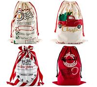 Mornajina 4 bolsas de lona de Navidad de Papá Noel de 28 x 20 pulgadas y 25 x 18 pulgadas, bolsas de regalo con cordón, bolsas de regalo de Navidad con cintas de cordón, bolsas de regalo de Navidad,