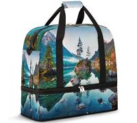 Morning Alps On The Lake Landscape - Bolsa de viaje para mujeres y hombres, bolsa de viaje plegable para fines de semana, bolsa de 47 L para deportes, gimnasio, yoga, color, 47 L, Organizador de