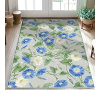 Morning Glory - Alfombra con diseño floral botánico de hojas de vid primaveral, color azul, antideslizante, suave, resistente a las manchas, para baño, entrada, mesita de noche, puerta, decoración de