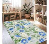 Morning Glory Alfombra de área floral inspirada en la naturaleza hojas vides primavera azul primavera antideslizante suave alfombra rectangular resistente a las manchas para sala de estar, dormitorio