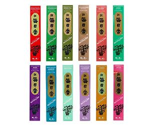Morning Star Nippon Kodo - 12 fragancias surtidas (total 12 x 50, 600 varillas) - Sándalo, cedro, té verde, incienso, mirra, salvia, almizcle, jazmín, gardenia, lavanda, ámbar, loto