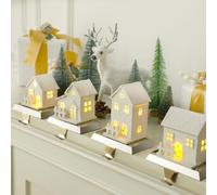 MorningRo Juego de 4 soportes para calcetines de pueblo de Navidad para repisa LED de Navidad, casa de pueblo, juego de ganchos para chimenea, para decoración de ventanas de mostrador de Navidad
