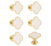 MOROBOR 6 manijas de trébol de cuatro hojas, tiradores creativos multifuncionales de aleación de zinc de un solo agujero para tocador, armario, puerta, muebles, base dorada con superficie blanca